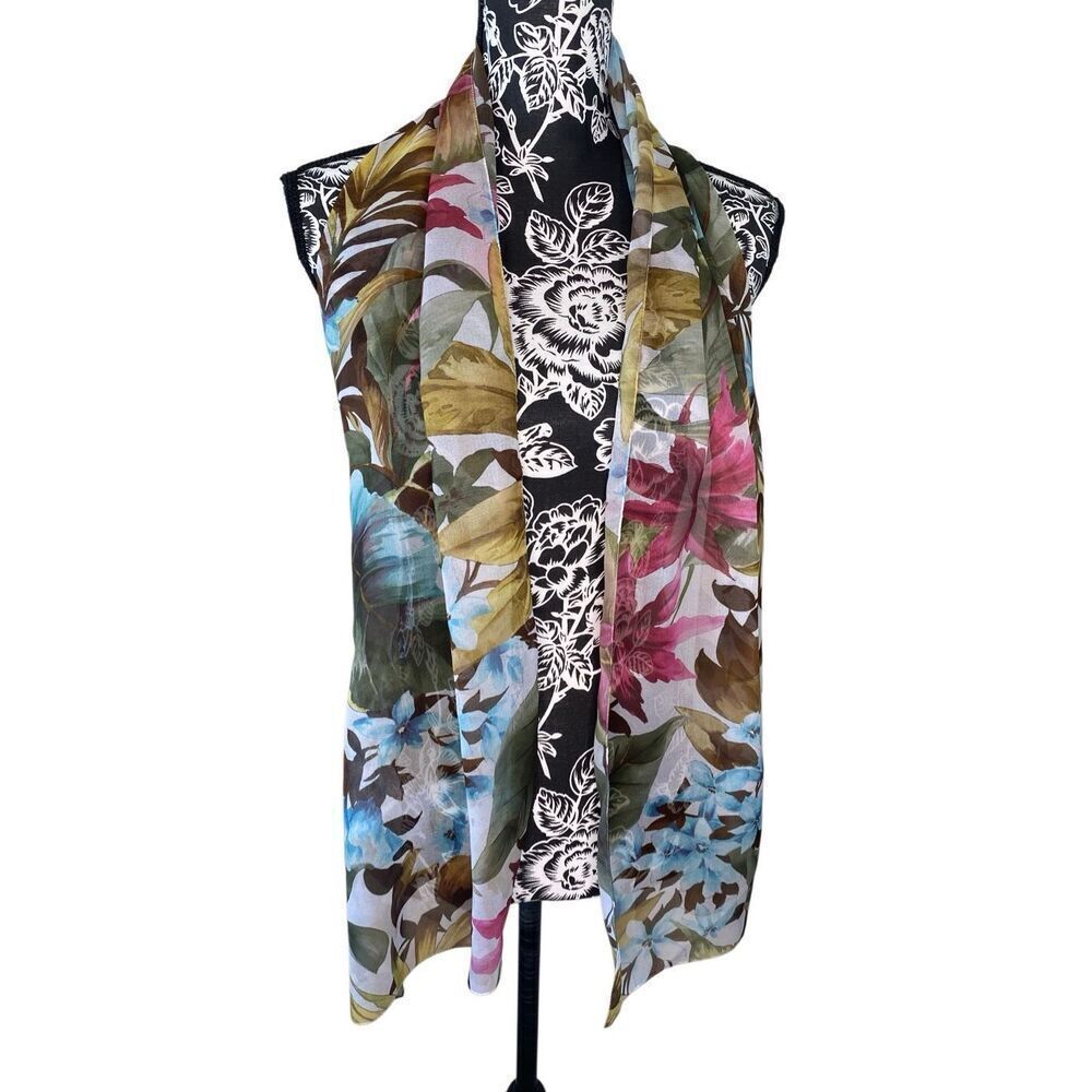 Floral Sheer Lightweight Scarf Wrap Shawl Multicolor Botanical Print Soft Formal